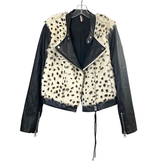 Topshop Animal Print Faux Fur Leather Biker Jacket Womens Size 12 Multicolor Zip - Picture 1 of 16